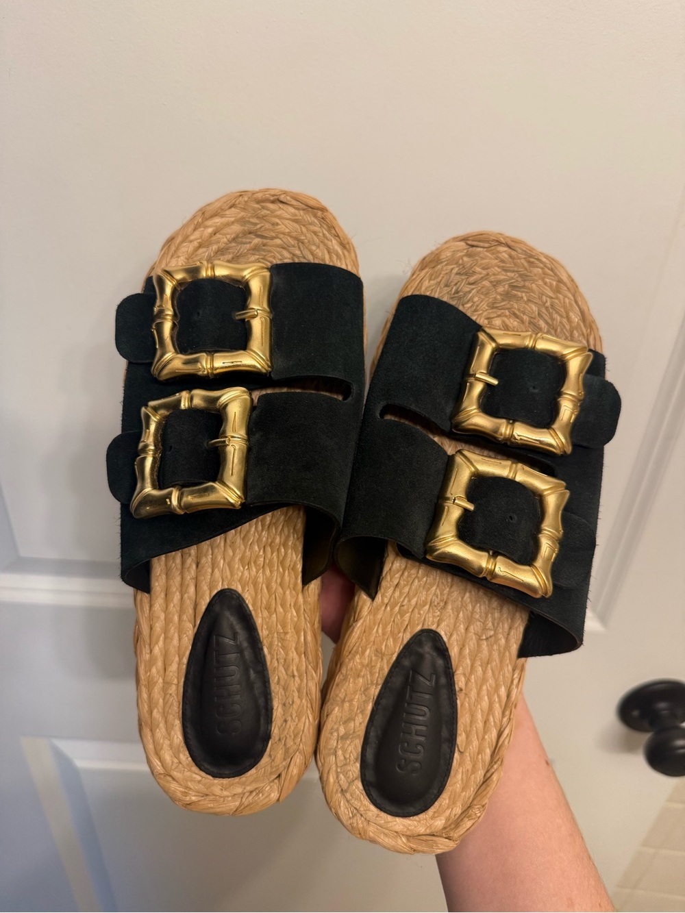 SCHUTZ Enola Rope Flat Sandal - Black Suede + Gold Buckles 8.5B